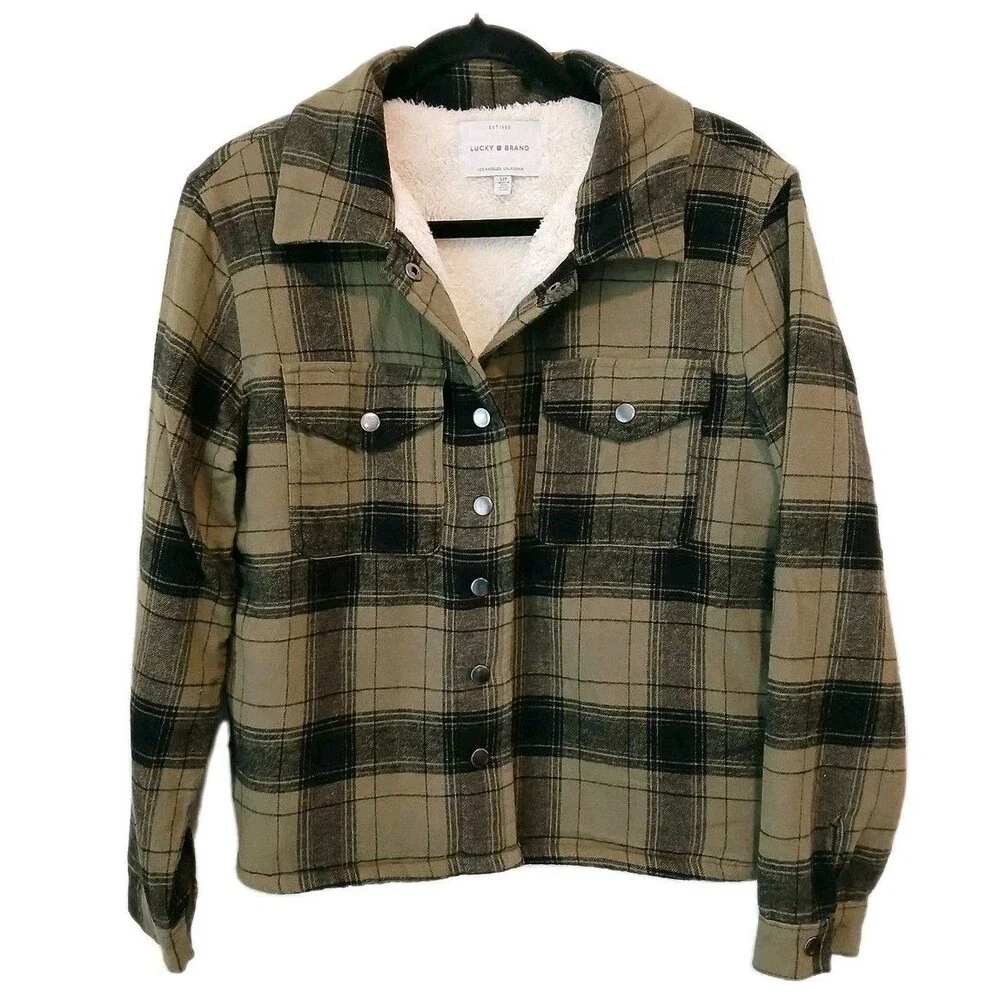 Lucky Brand Plaid Flannel Sherpa Jacket Shacket Womens Small Lined Green Camp - Picture 1 of 12